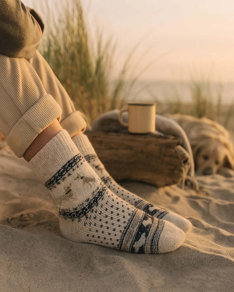 Ein Paar Wollsocken mit Hundemotiv