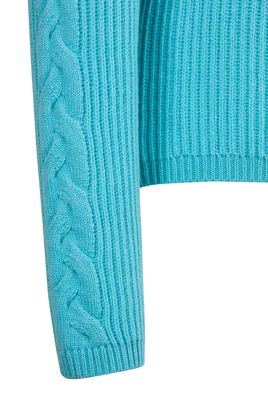 Moderner Zopfstrickpullover mit Kaschmir Aquamarin