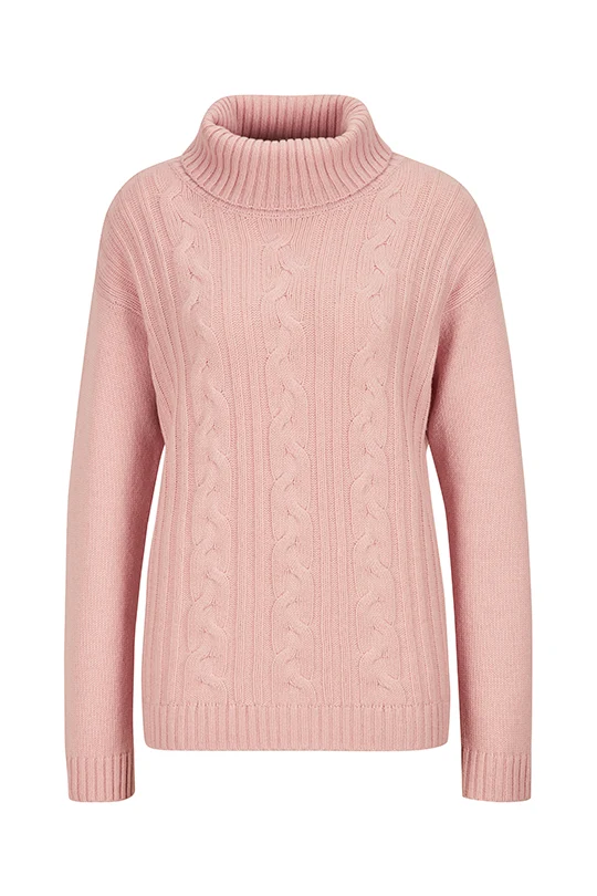Rollkragenpullover mit Zopfmuster und Kaschmir Rosenquarz