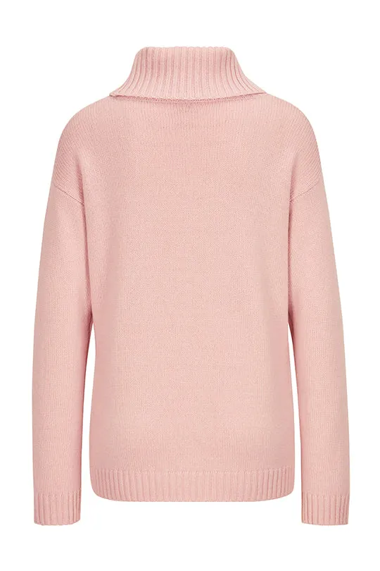 Rollkragenpullover mit Zopfmuster und Kaschmir Rosenquarz