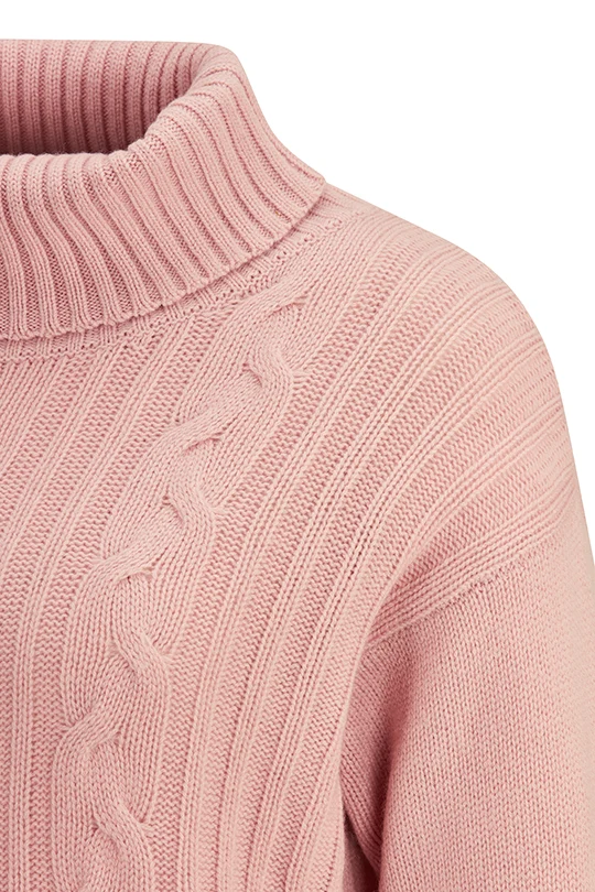 Rollkragenpullover mit Zopfmuster und Kaschmir Rosenquarz