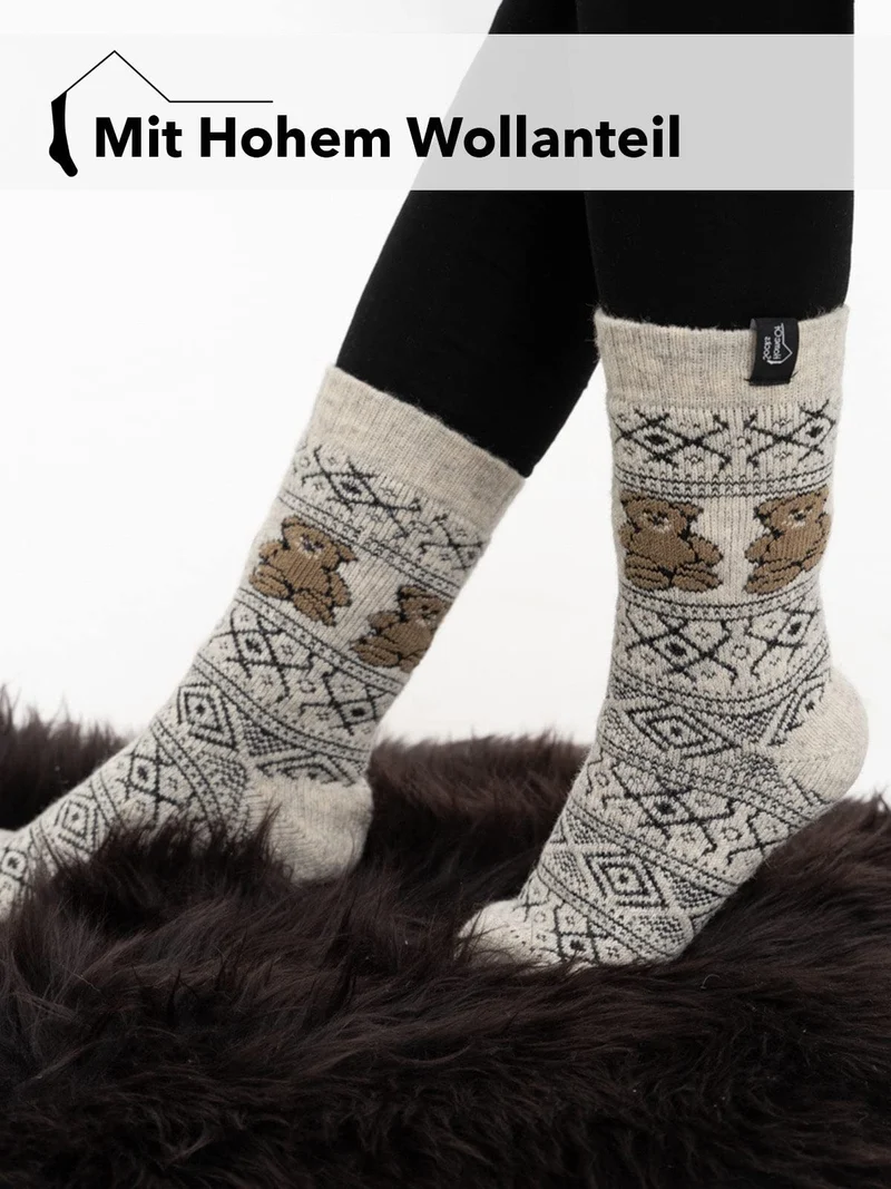 Ein Paar 80% Wollsocken mit Teddy Motiv Norweger Design