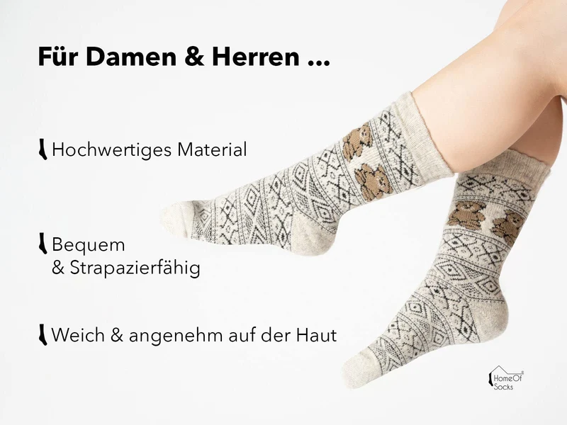 Ein Paar 80% Wollsocken mit Teddy Motiv Norweger Design