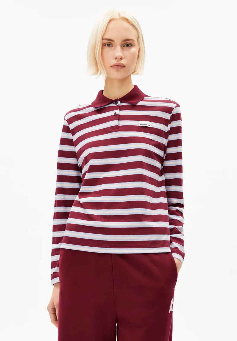 GESTREIFTES POLOLANGARMSHIRT | velvet red-soft blue-undyed