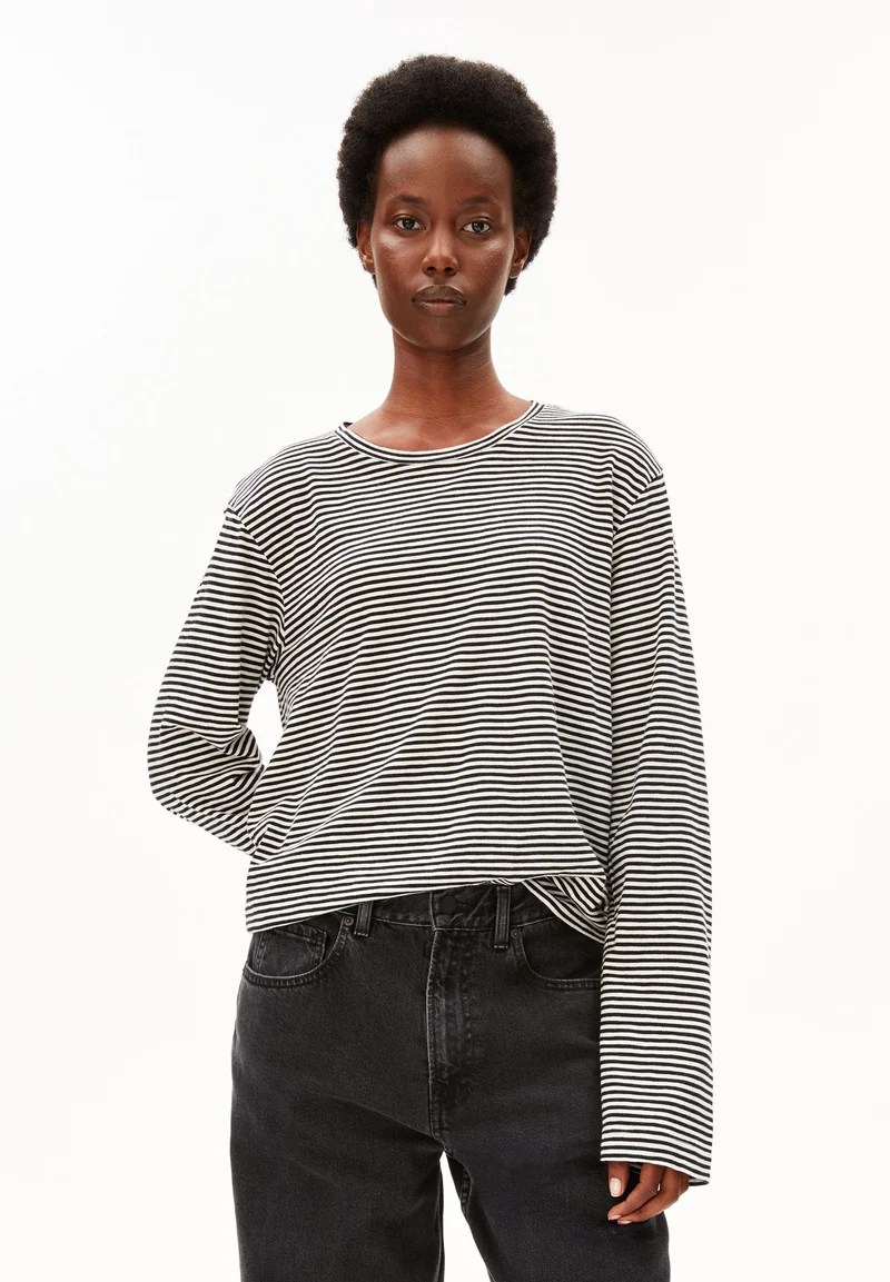 SLUB JERSEY GESTREIFTES LANGARMSHIRT | black-oatmilk