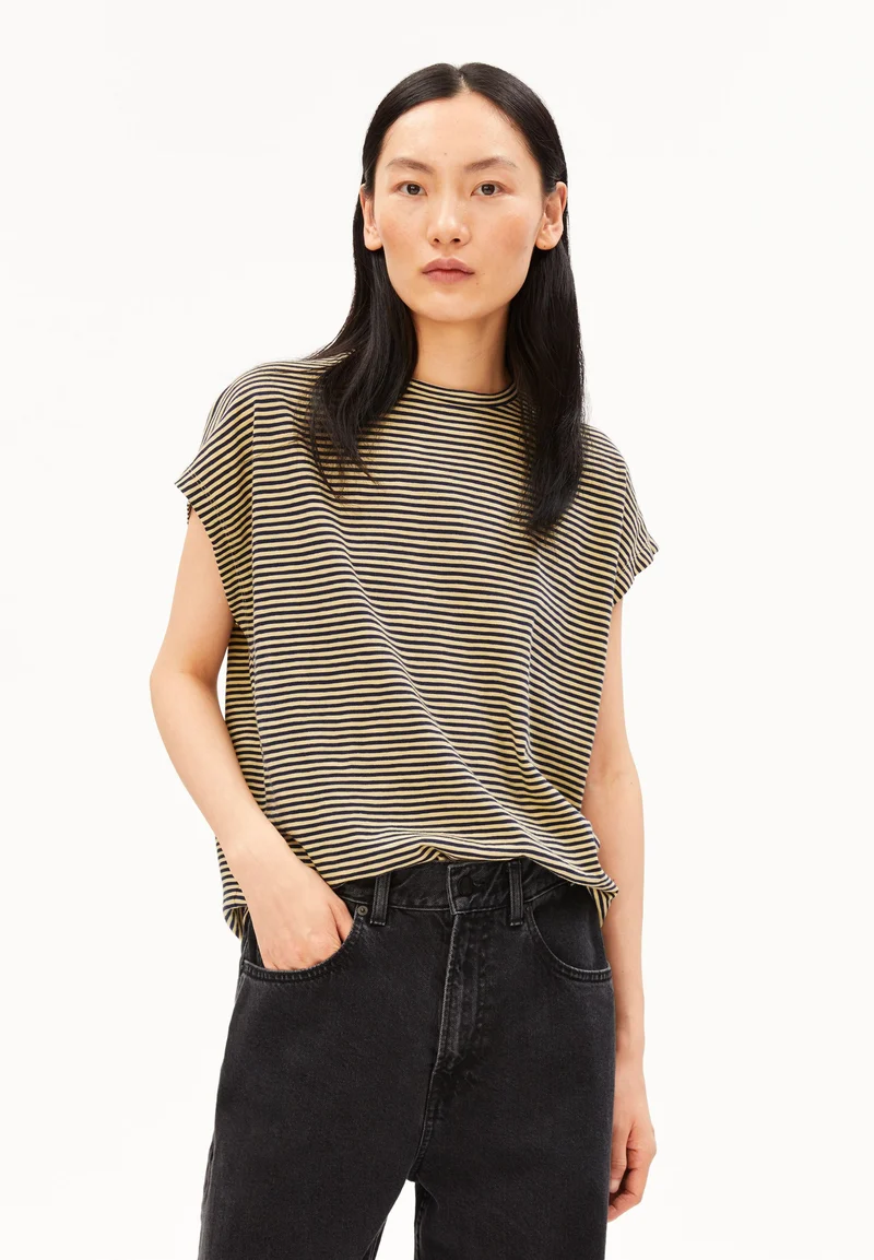 SLUB JERSEY GESTREIFTES T-SHIRT | tinted navy-golden hay