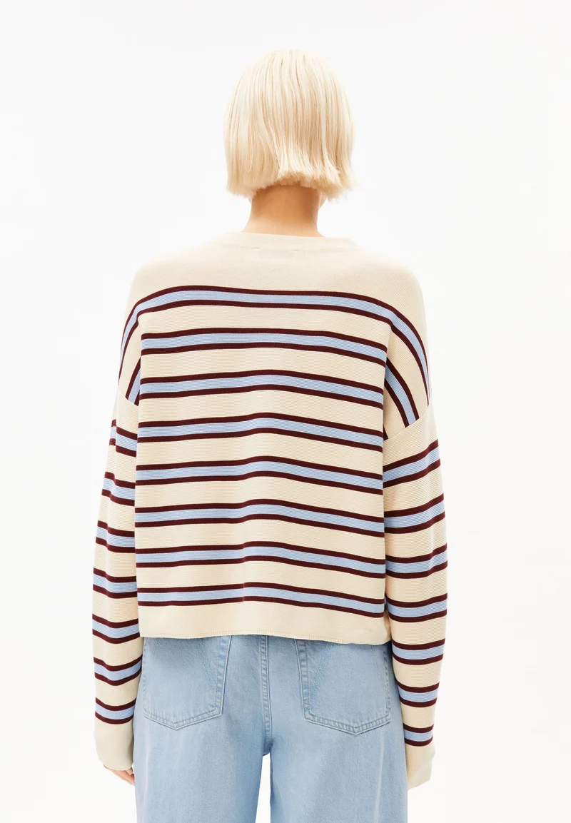 MERINAA GESTREIFTER STRICKPULLOVER | oatmilk-velvet red-soft blue
