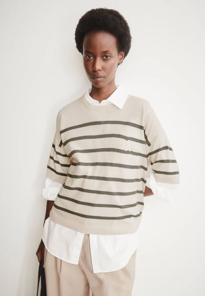 GESTREIFTER LEINEN-MIX PULLOVER | undyed-space steel