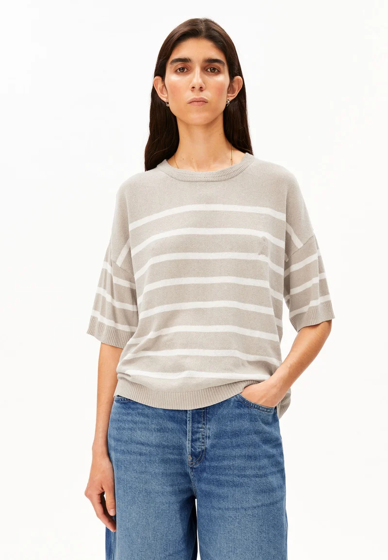 GESTREIFTER LEINEN-MIX PULLOVER | sand stone-undyed