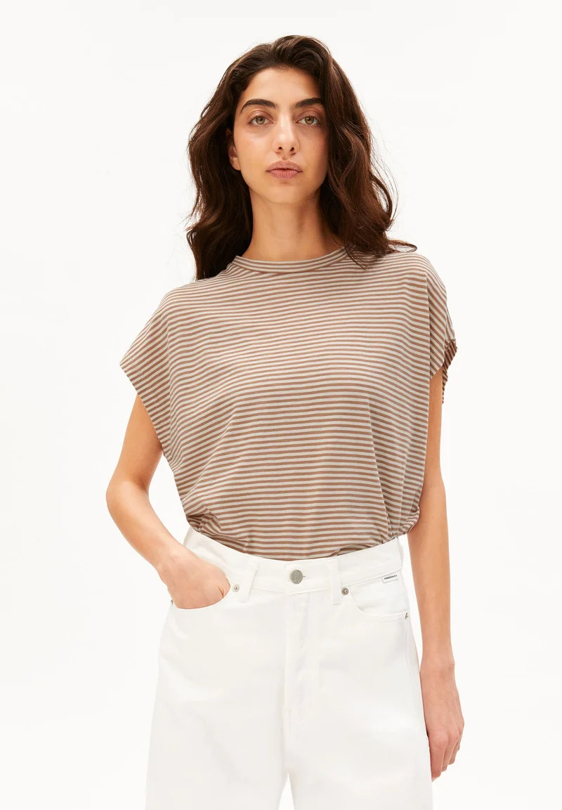 SLUB JERSEY GESTREIFTES T-SHIRT | oatmilk-cinnamon dust