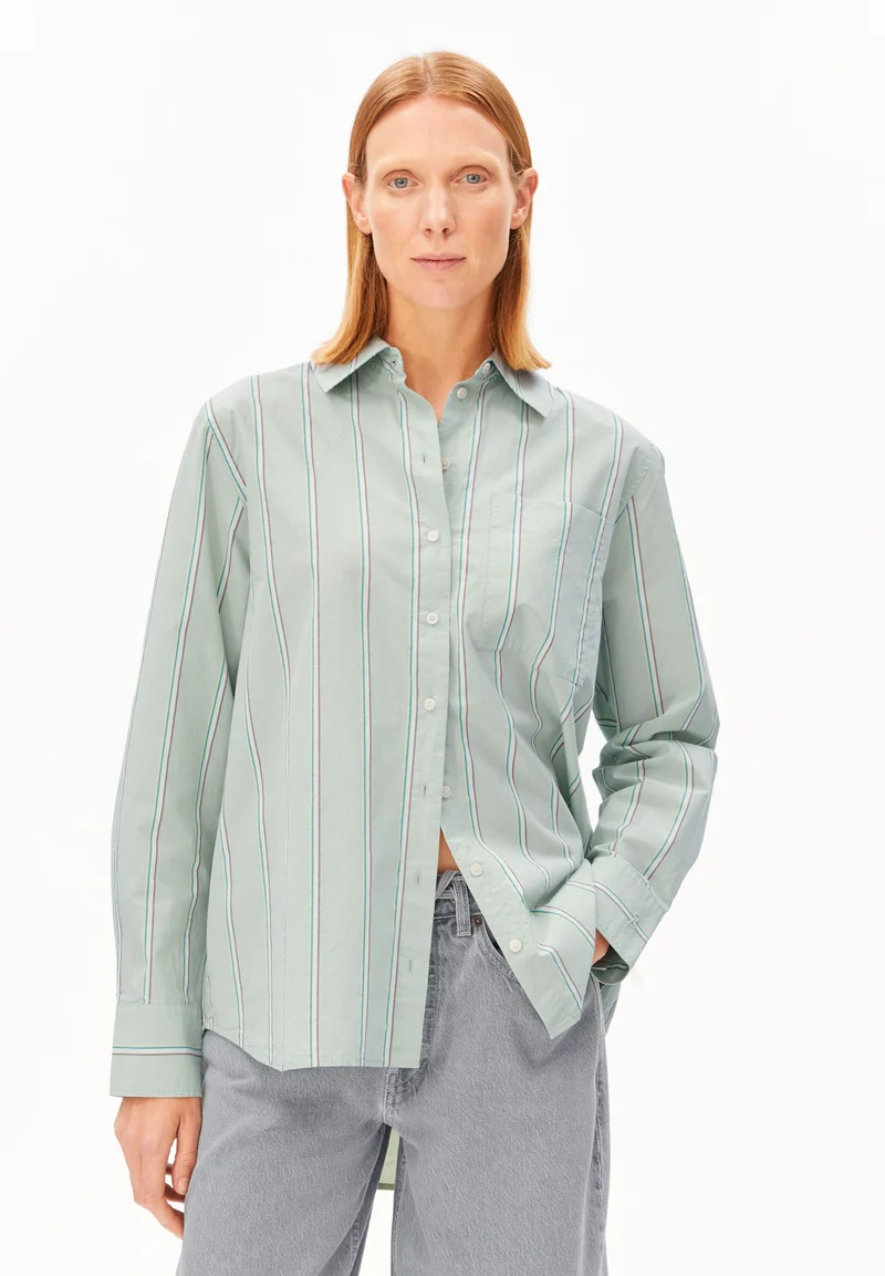 GESTREIFTE WEITE POPLIN BLUSE | foam-pool green