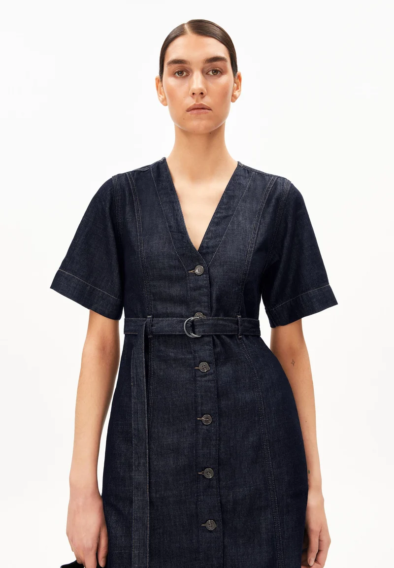 BELTED DENIM MIDI DRESS