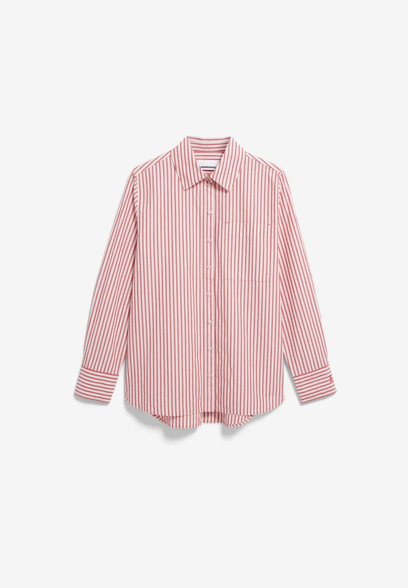 GESTREIFTE WEITE POPLIN BLUSE | oatmilk-mars red