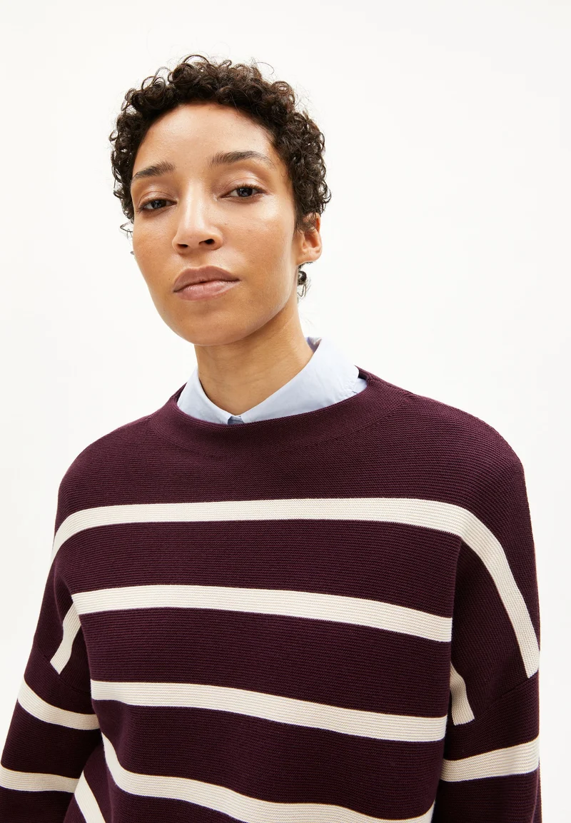 MERINAA STRIPES STRICKPULLOVER | dark cranberry-oatmilk