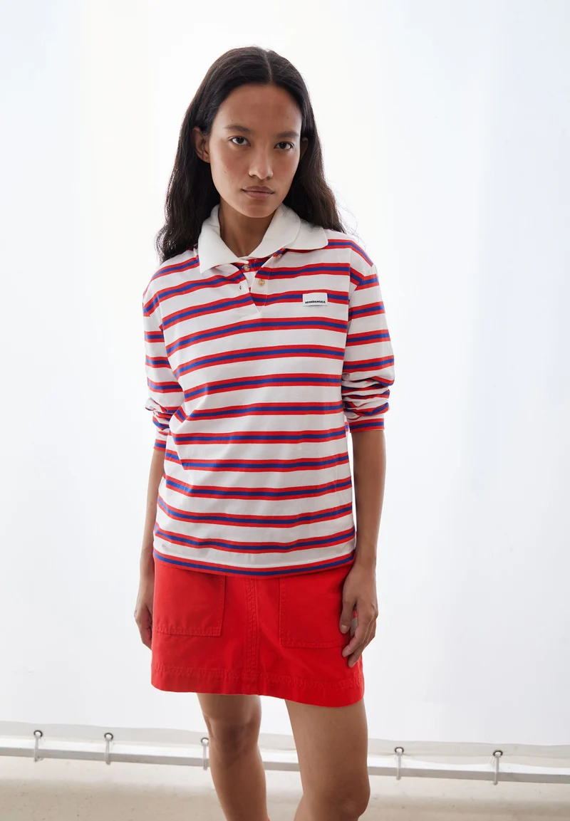 GESTREIFTES POLOLANGARMSHIRT | light oatmilk-mars red-dynamo blue