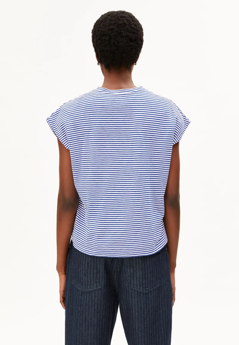 SLUB JERSEY GESTREIFTES T-SHIRT | oatmilk-dynamo blue