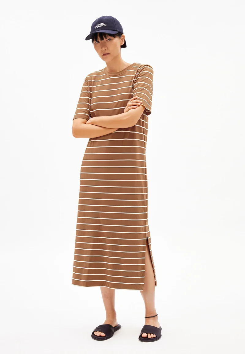 XELINAA FEIN GESTREIFTES MIDI-KLEID | pale umber-undyed