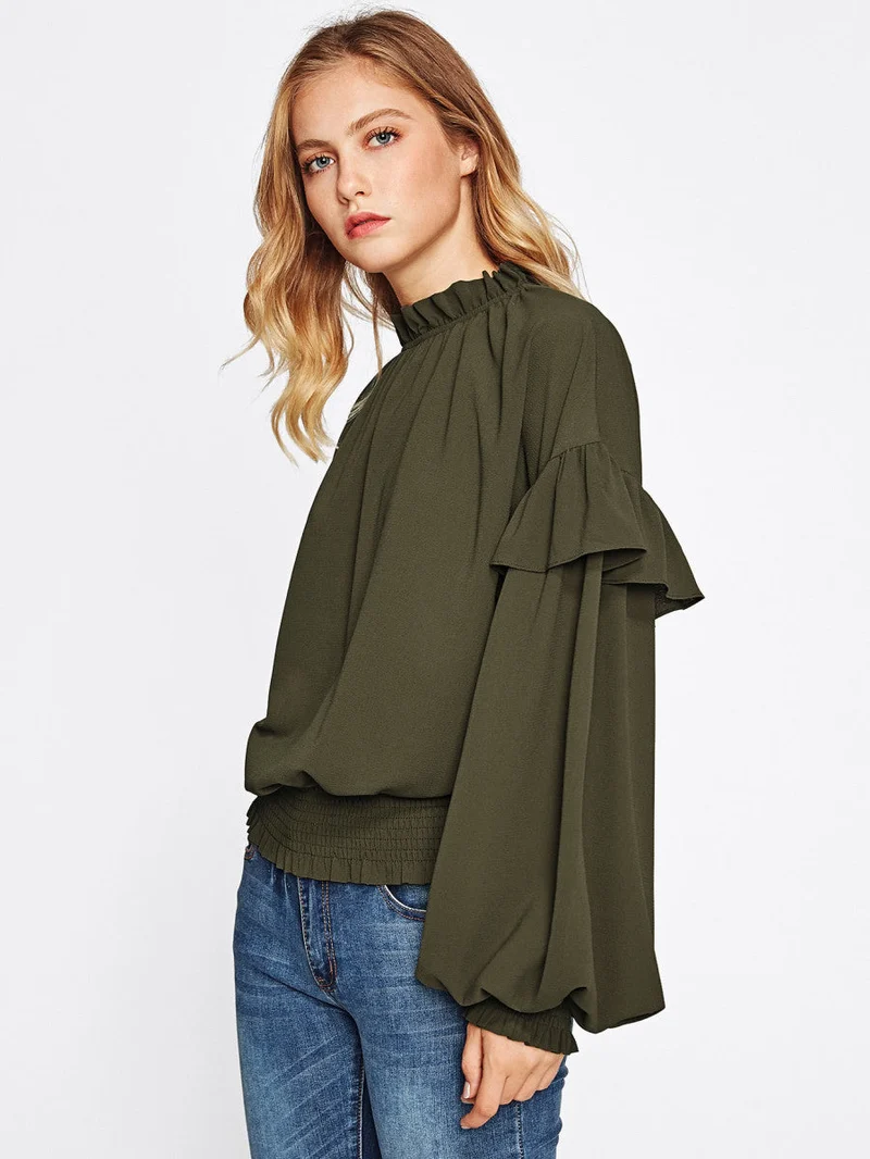 Frill Trim Bishop Sleeve Smocked Hem Blouse