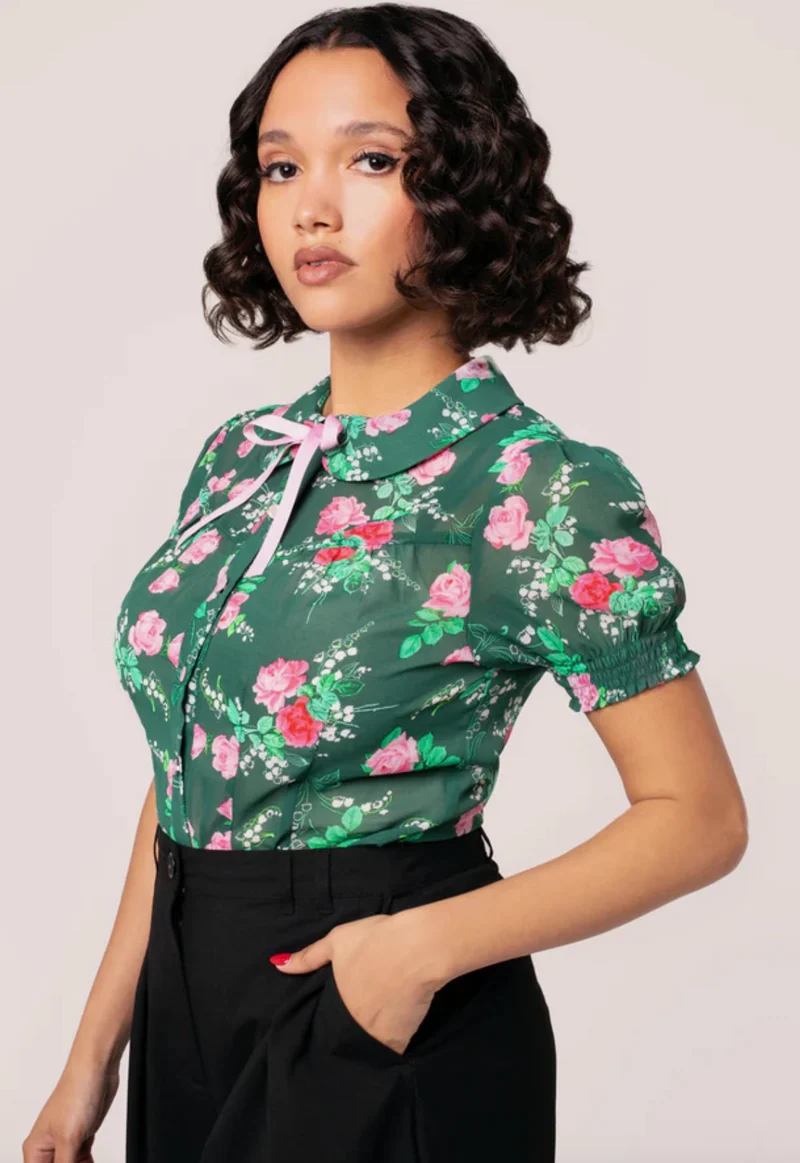 Bluse Mabel Roses,40's, Grün, Plus Size