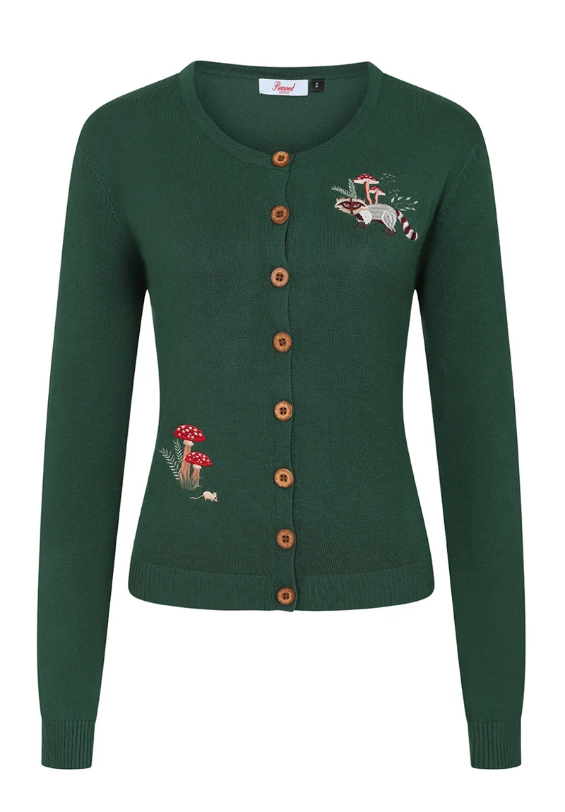 Cardigan Woodland Mushroom mit Waschbär-Pilz-Stickerrei, Flaschengrün