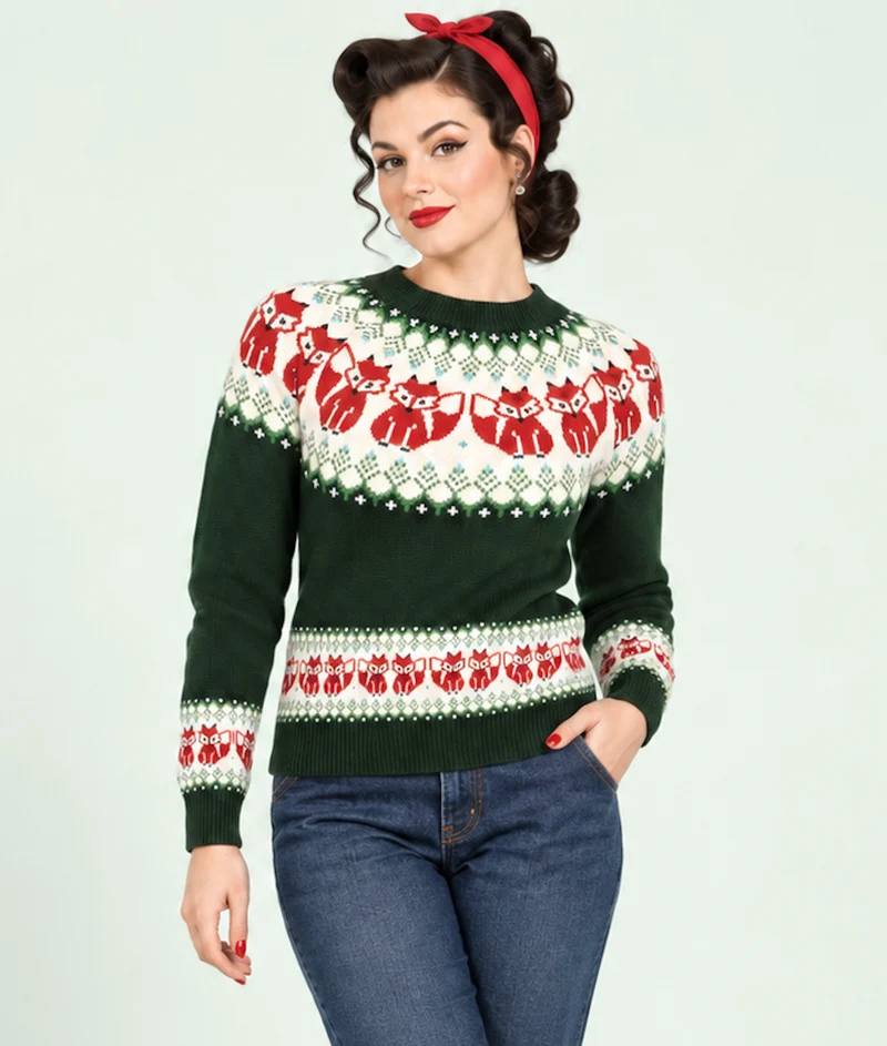 Fox Fairisle Strickpullover in Dunkelgrün