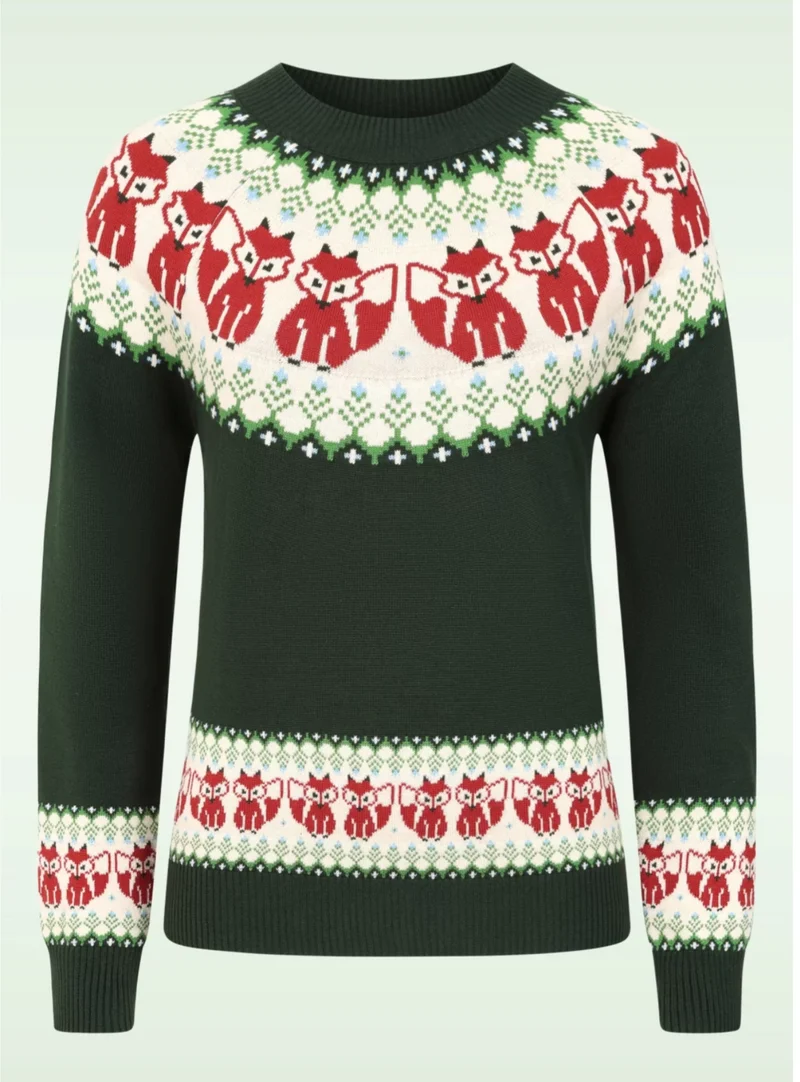 Fox Fairisle Strickpullover in Dunkelgrün