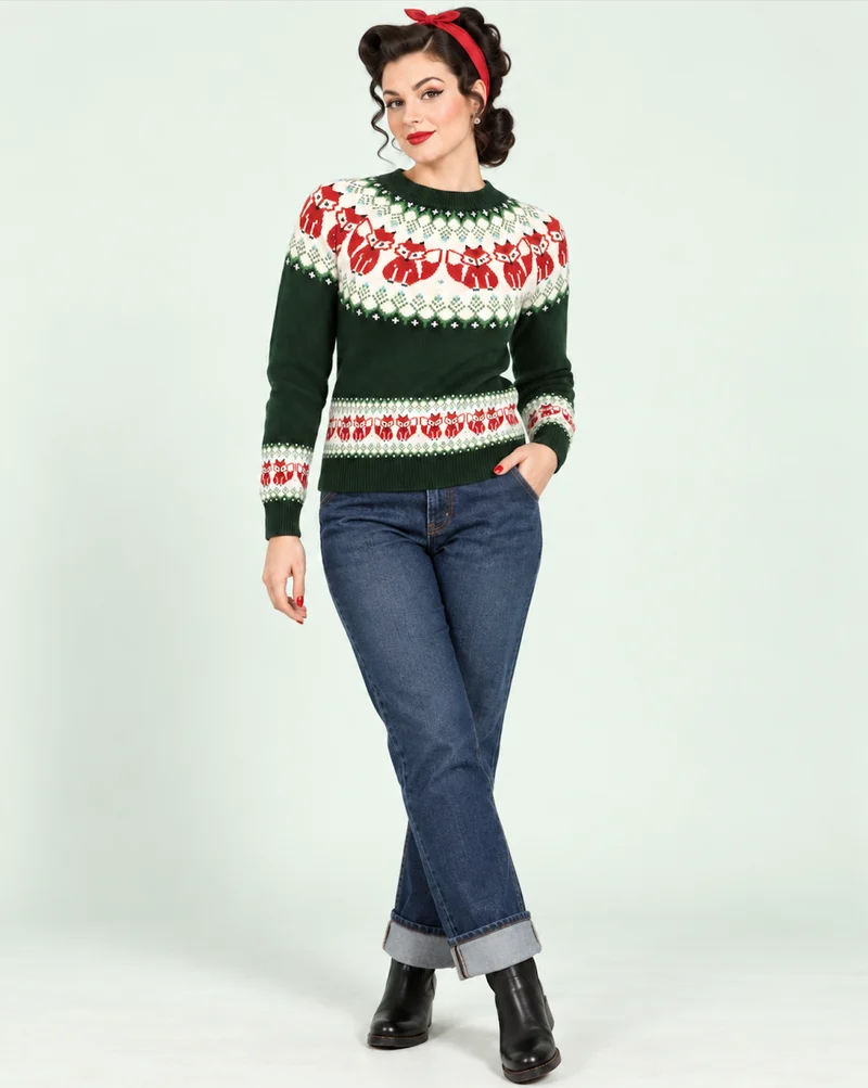 Fox Fairisle Strickpullover in Dunkelgrün