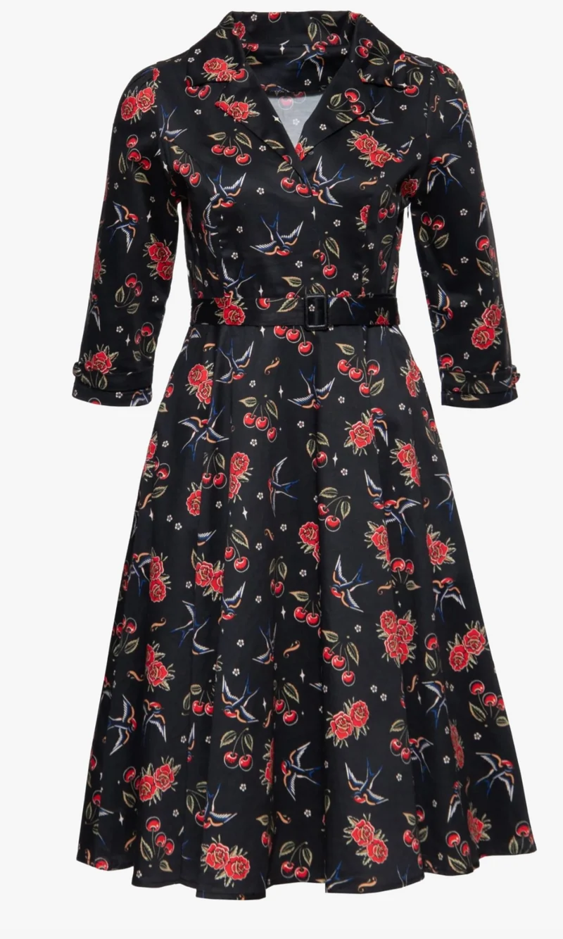 Swingkleid Cherries & Roses, Schwarz