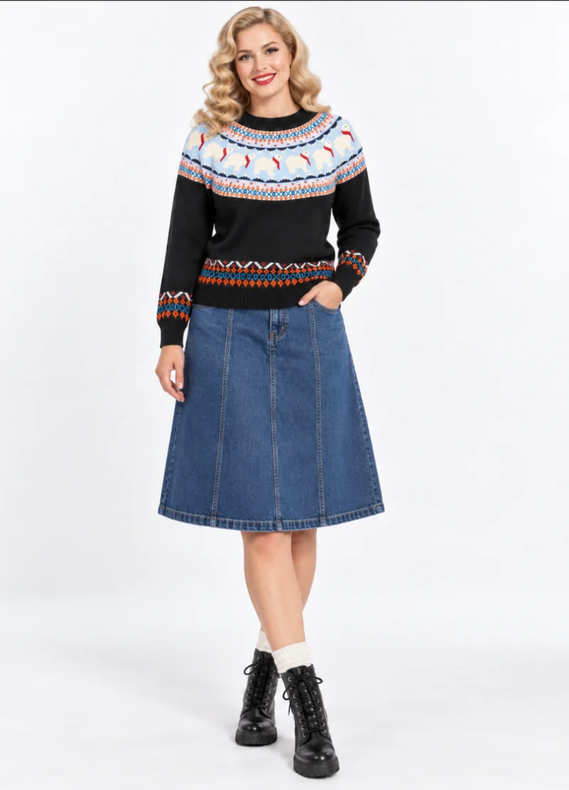 Polar Bear Fairisle Strickpullover, Schwarz