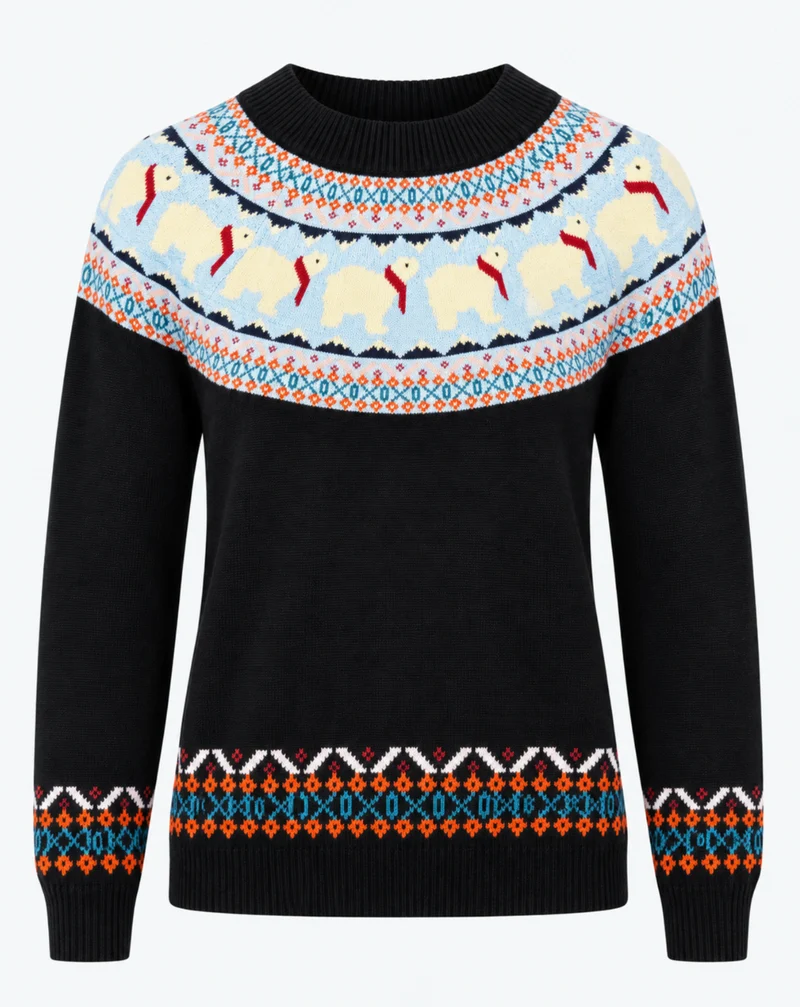 Polar Bear Fairisle Strickpullover, Schwarz