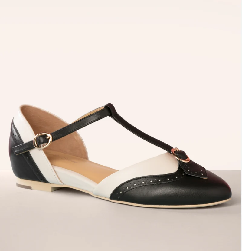 Parisienne T-Strap Schuhe, Schwarz-Weiß