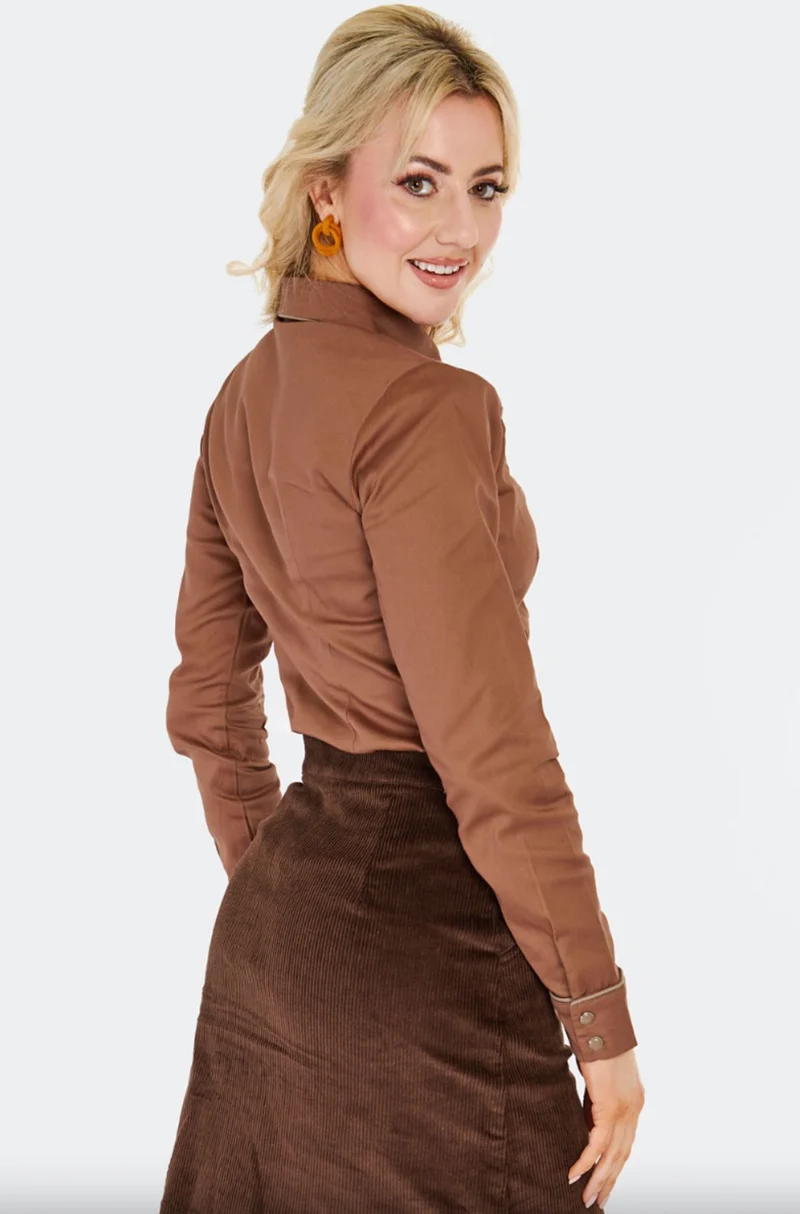 Retro Western-Bluse mit Stickerrei, Plaid Panel, Braun