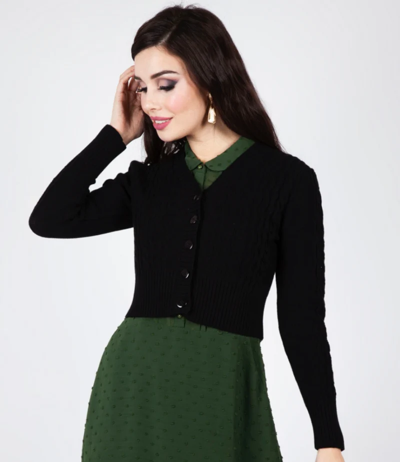 Cardigan im Retro‑Look – feines Zopfmuster Mabel Cropped, Schwarz, Plus Size