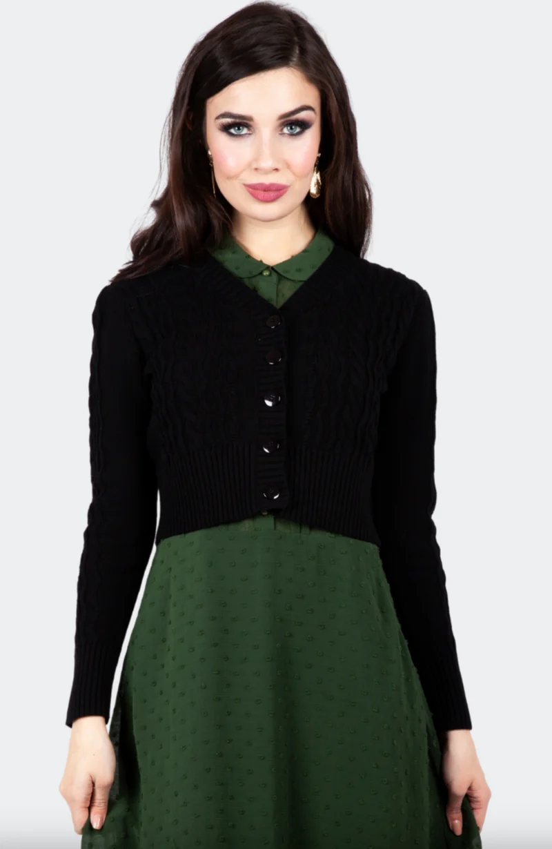 Cardigan im Retro‑Look – feines Zopfmuster Mabel Cropped, Schwarz, Plus Size