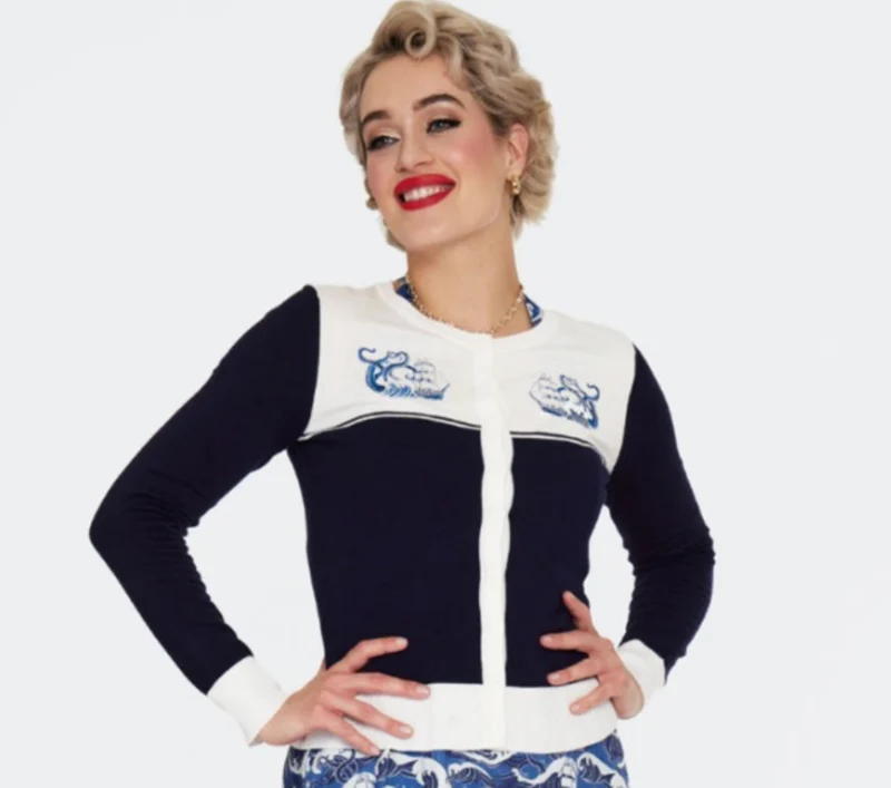 Cardigan, Schiffstickerei , Blue Nautical Wave Embroidery, Navy Plus Size