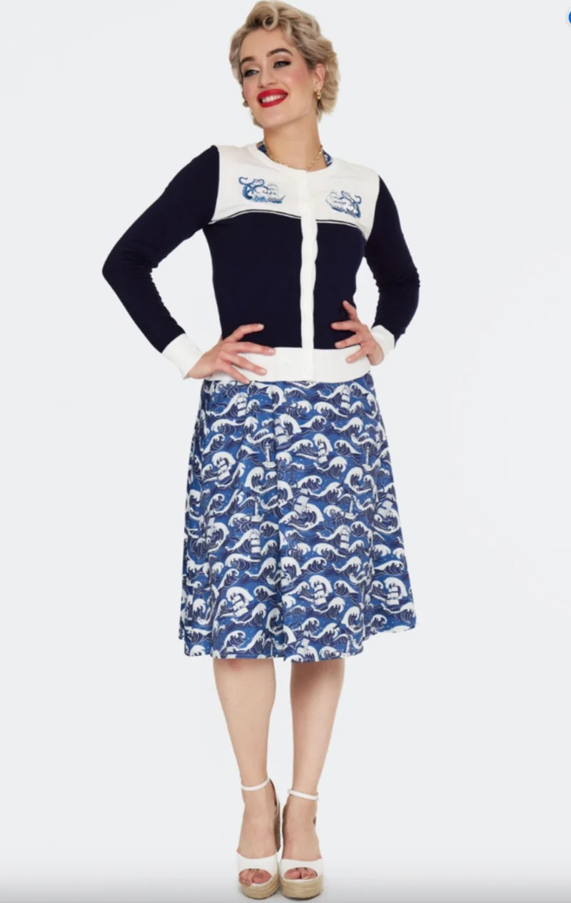 Cardigan, Schiffstickerei , Blue Nautical Wave Embroidery, Navy Plus Size