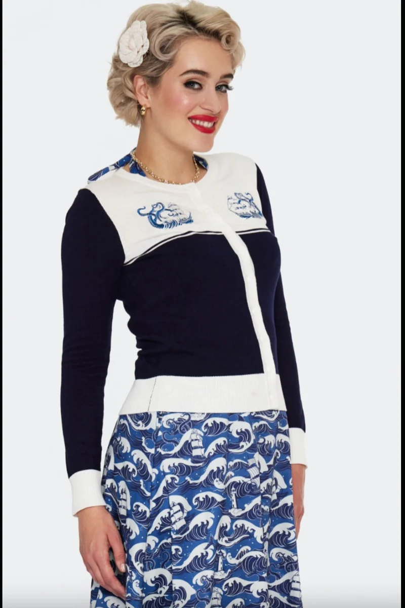 Cardigan, Schiffstickerei , Blue Nautical Wave Embroidery, Navy Plus Size