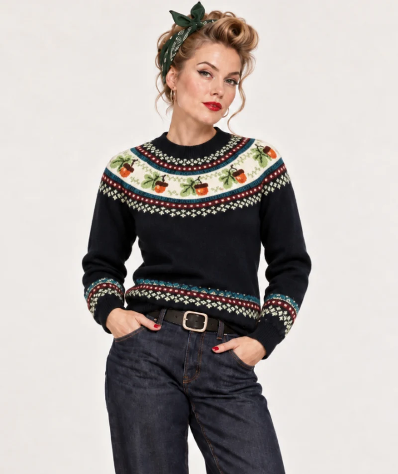 Acorn Fairisle Strickpullover in Schwarz