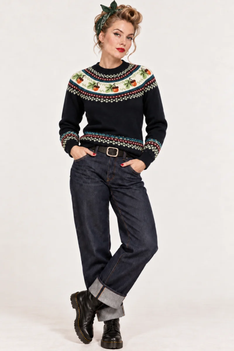 Acorn Fairisle Strickpullover in Schwarz