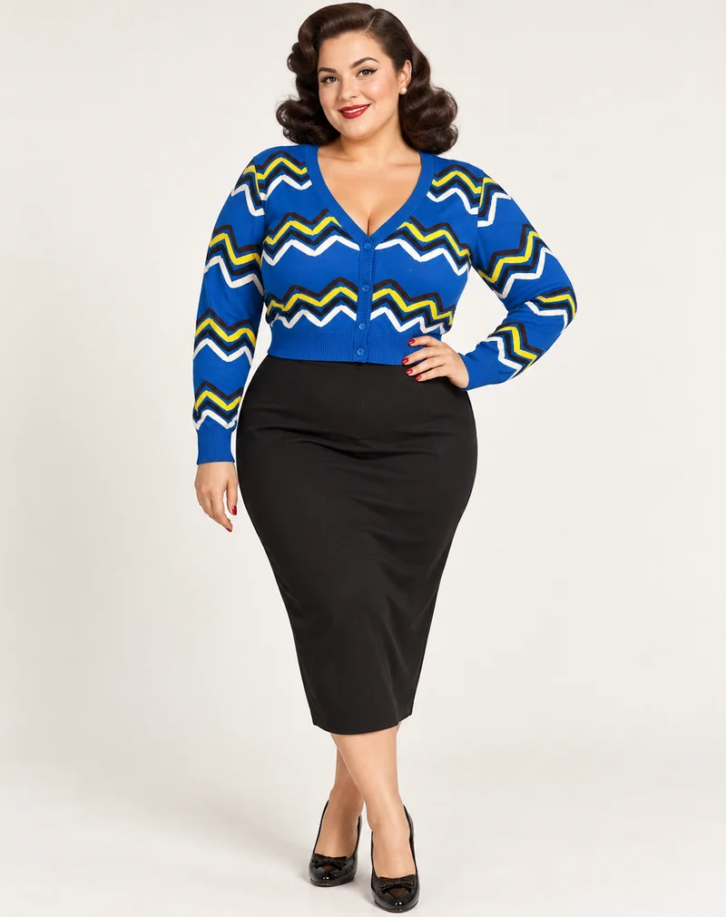 Cardigan Good Vibes, Zick-Zack Muster,Blau; Plus Size