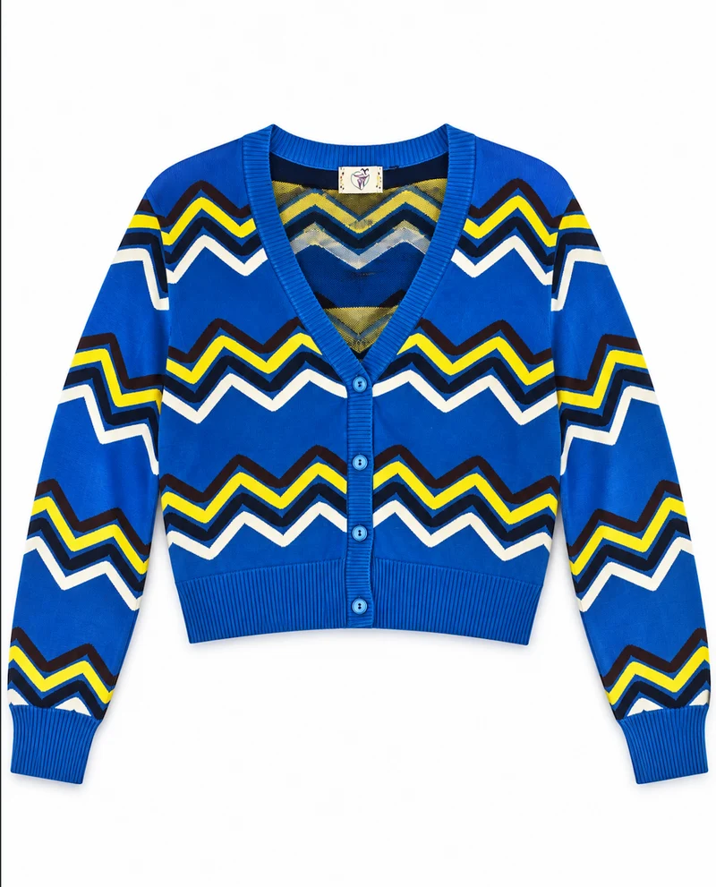 Cardigan Good Vibes, Zick-Zack Muster,Blau; Plus Size