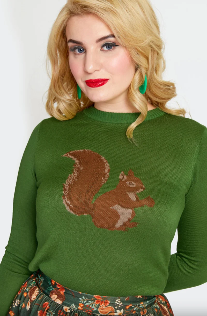 Feinstrick-Pulliover Squirrel mit Eichhörnchenmotiv,Grün