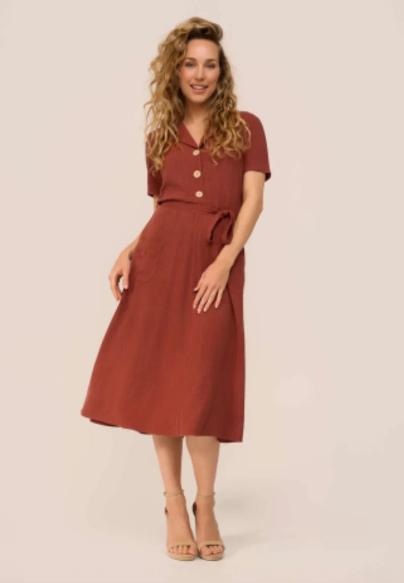 Kleid Revers Leinen-Midikleid, 40's in Terracotta, Plus Size