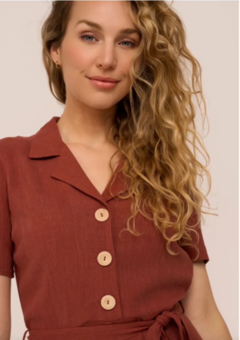 Kleid Revers Leinen-Midikleid, 40's in Terracotta, Plus Size