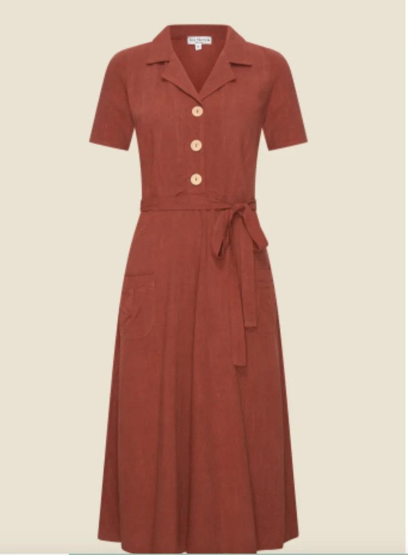 Kleid Revers Leinen-Midikleid, 40's in Terracotta, Plus Size