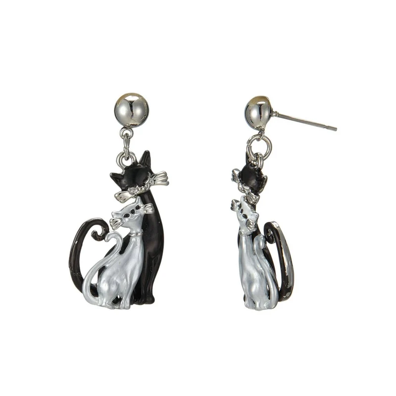 Parinita Messing Ohrstecker mit Katzenmotiv: Schwarz-Silber