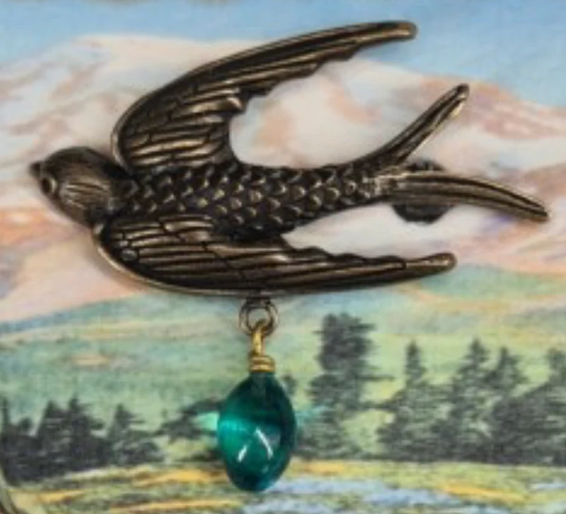 Brosche Schwalbe mit Glastropfen, Aqua