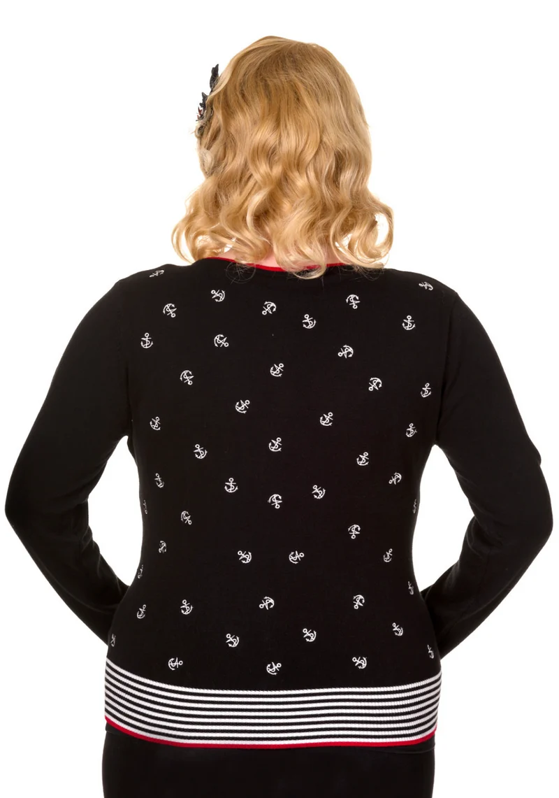 Cardigan Close Call mit Anker-Stickerrei,Schwarz, Plus Size