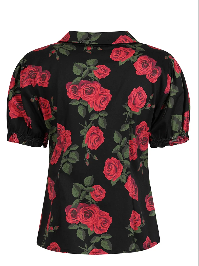 Retro-Bluse Lilly Romantic mit Rosen, Schwarz