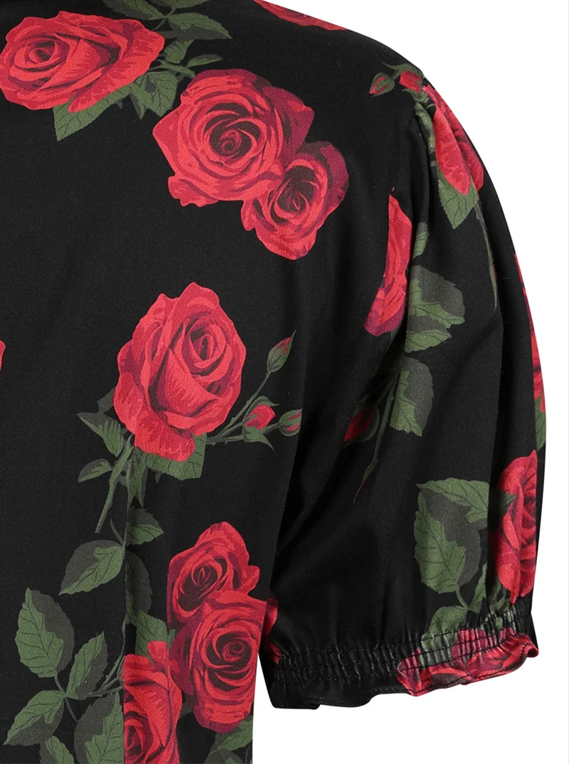 Retro-Bluse Lilly Romantic mit Rosen, Schwarz